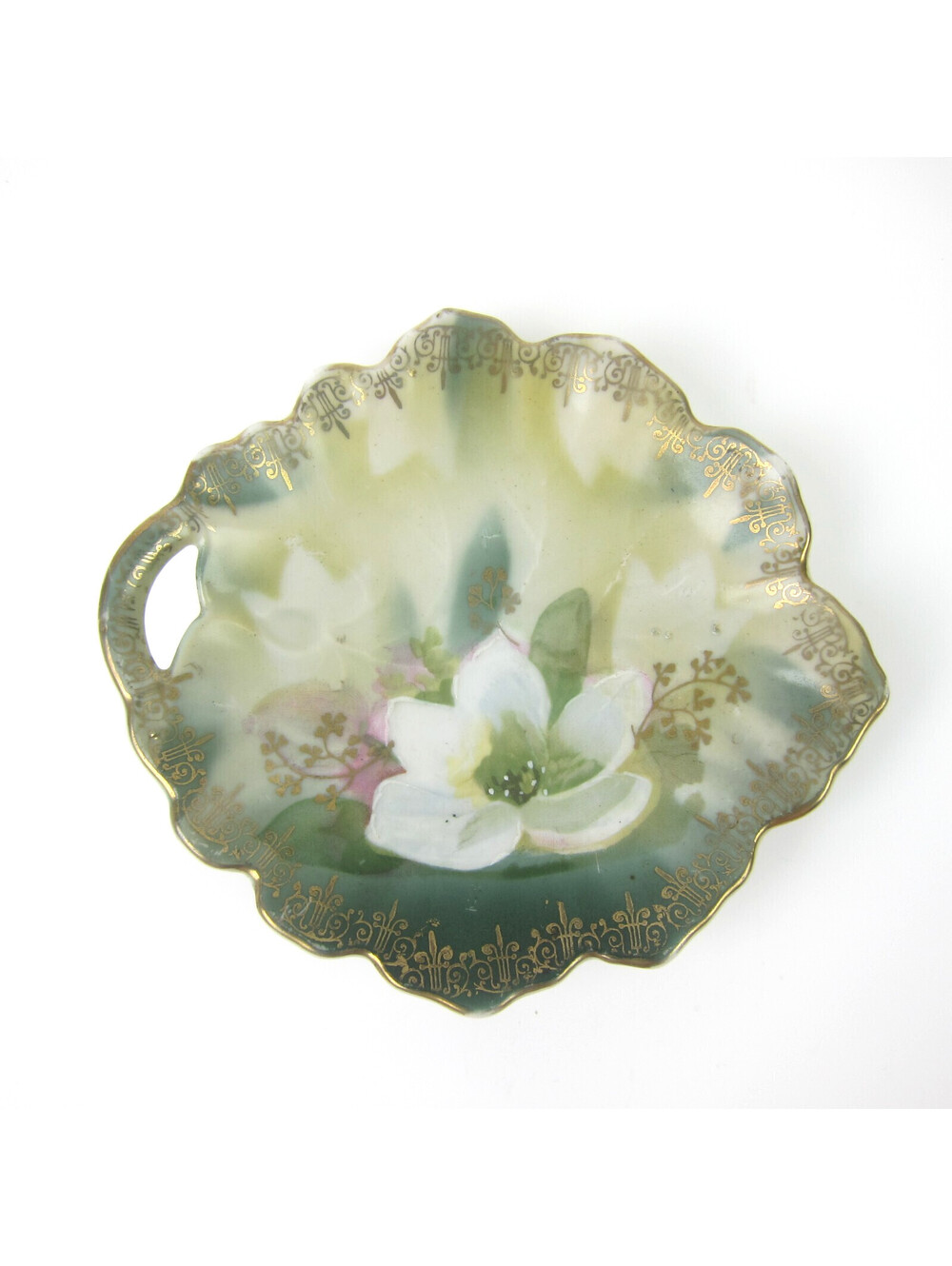 Antique Leaf Shape Lotus Flower Plate Handled Green Gold Gilt Accents 4.5" x 4"